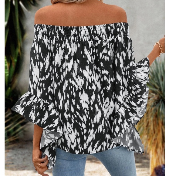 Leopard Print Off Shoulder Wide Sleeve Ruffle Blouse - Picture 5 of 10